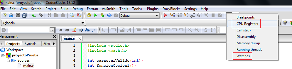 Opciones de CPU Registers y Watches