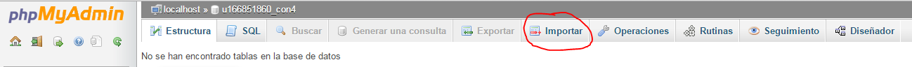 Pantalla del administrador phpMyAdmin
