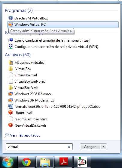 Windows Virtual PC en el menú Inicio