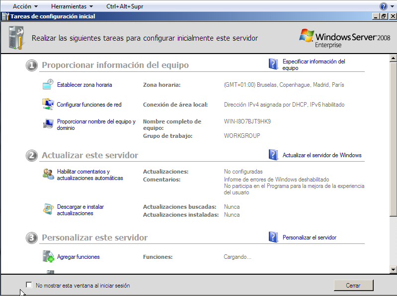 Pantalla final de bienvenida del servidor