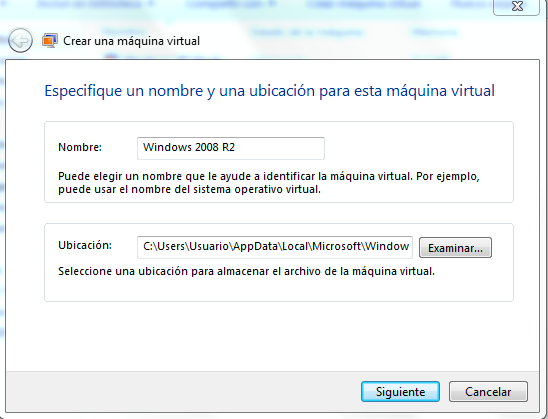 Nombre y ubicación de la máquina virtual