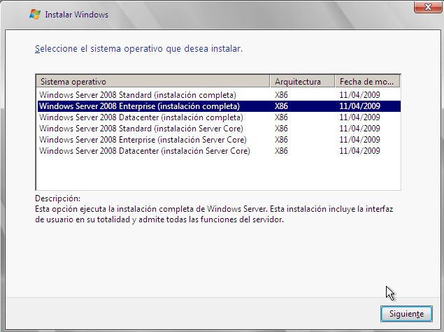 Selección de versión Windows Server 2008 Enterprise