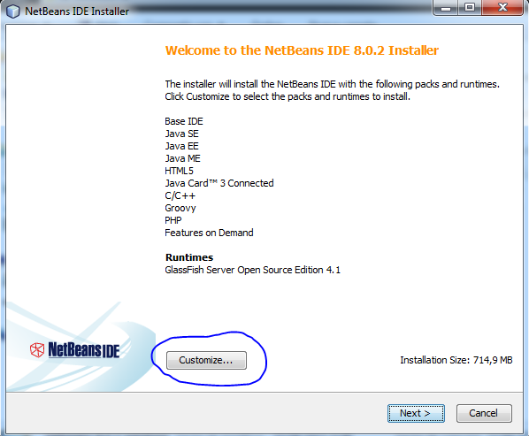 Opciones de instalación de NetBeans - Customize