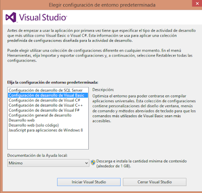 Menú de configuración de Visual Studio