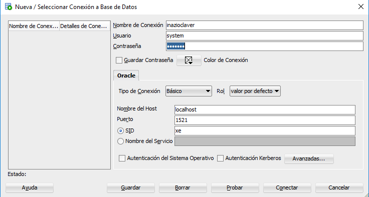 Panel de conexiones con el esquema de la base de datos