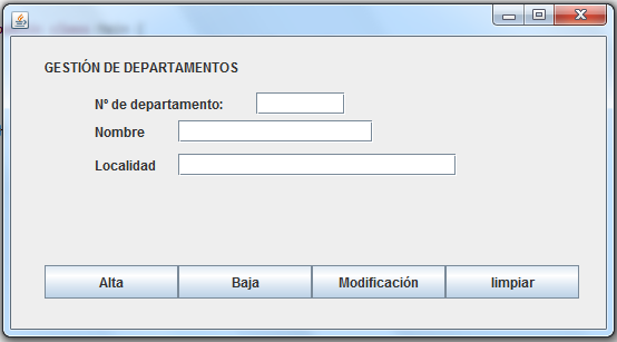 Interfaz del ejercicio 2 - gestión CRUD de departamentos