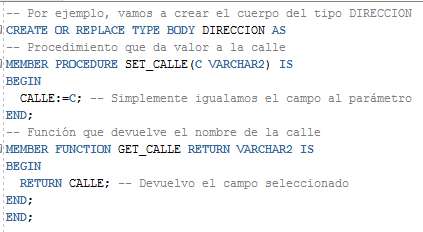Métodos en tipos Oracle - definición del esqueleto